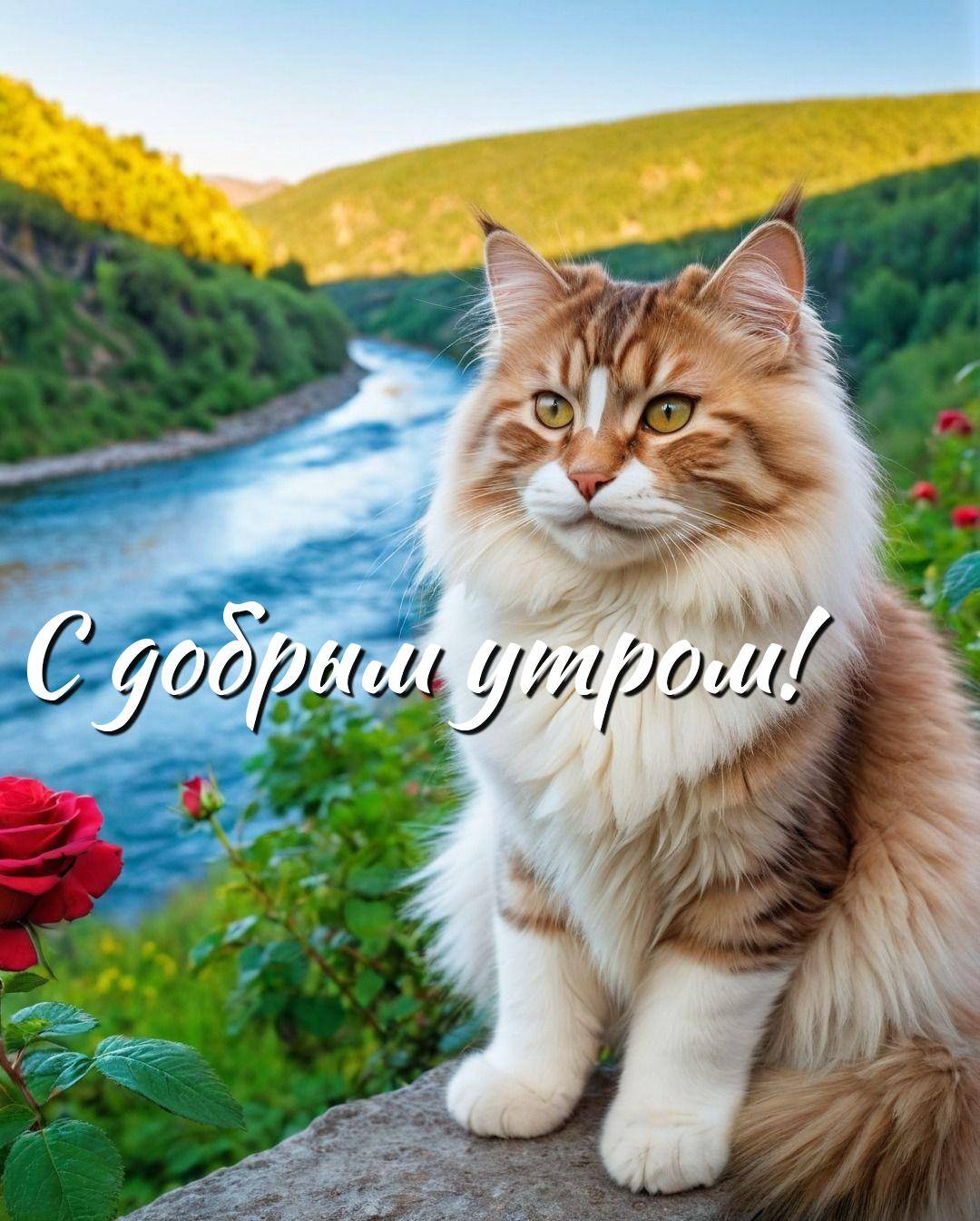 Утро, пушистый кот на камне у реки