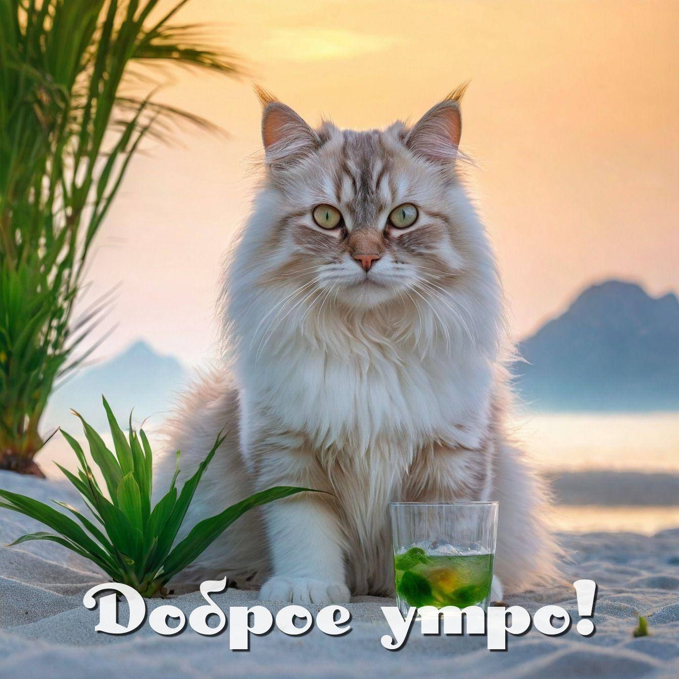 Утро, пушистый кот на пляже с мохито и закатом