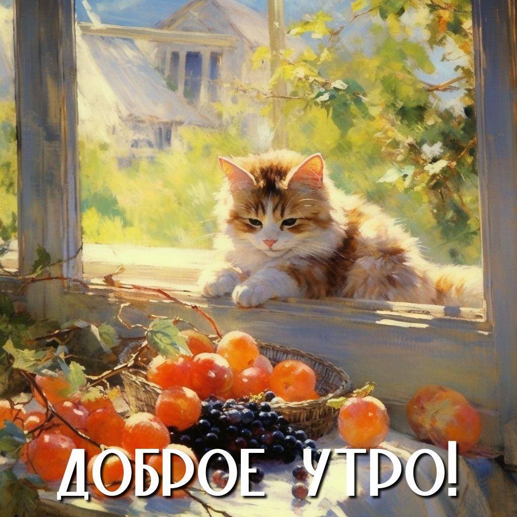 Утро, пушистый кот на подоконнике с фруктами и деревьями за окном