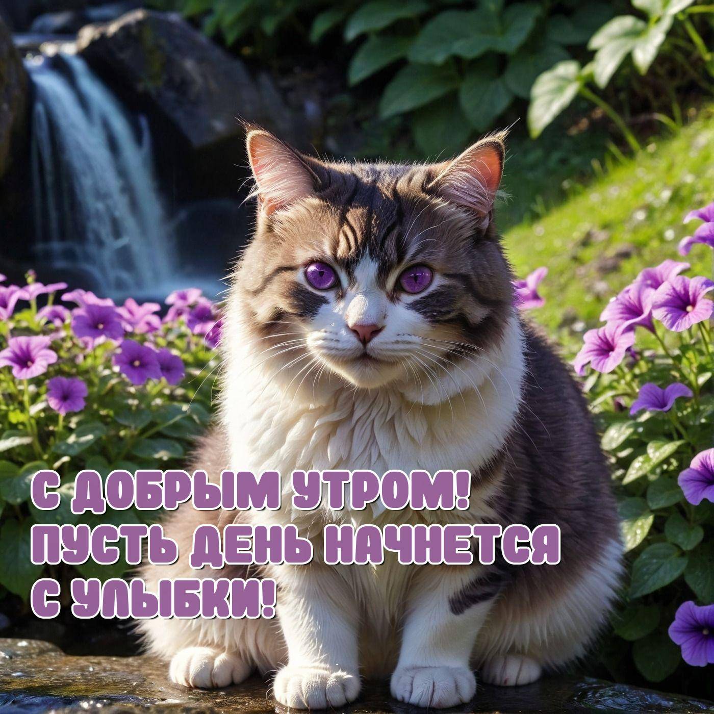 Утро, пушистый кот с фиолетовыми глазами на фоне природы