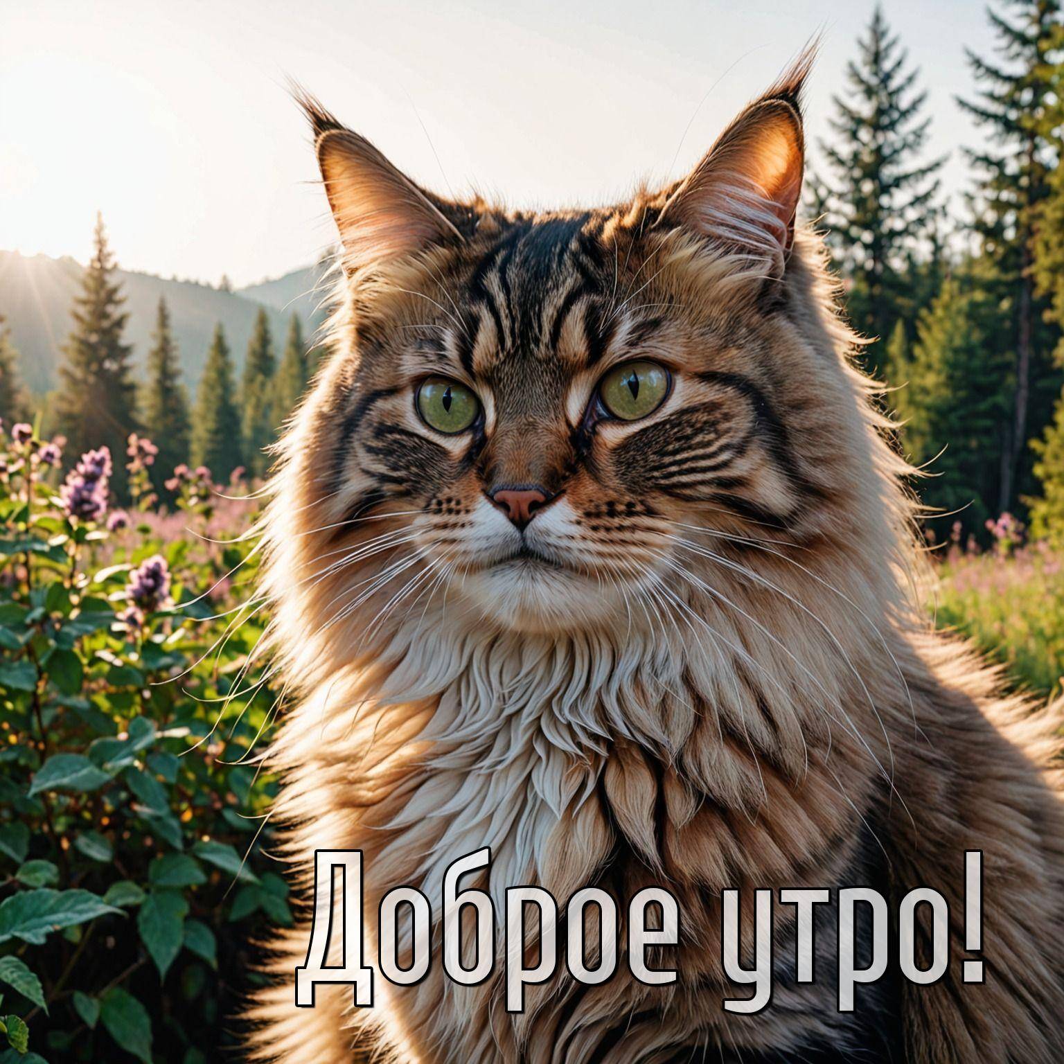 Утро, пушистый кот с зелёными глазами