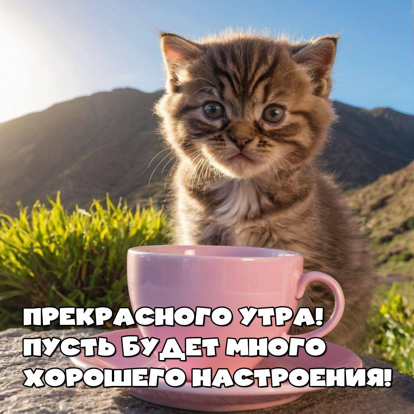 Утро, пушистый котенок с полосатой шерстью на улице.