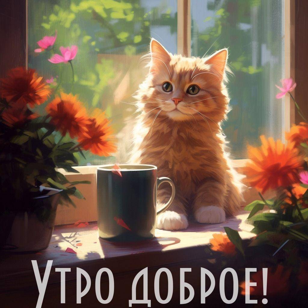 Утро, пушистый рыжий кот на подоконнике с кружкой и цветами