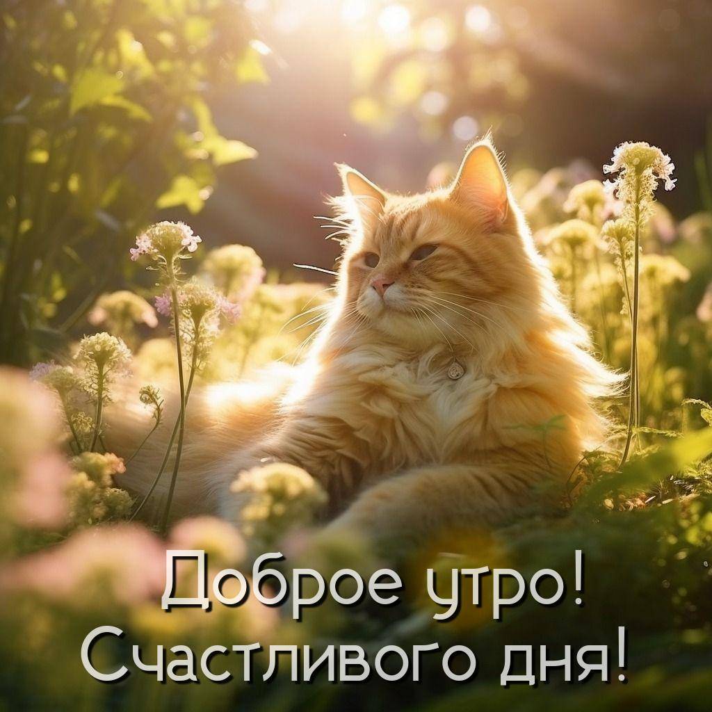 Утро, пушистый рыжий кот среди травы и цветов