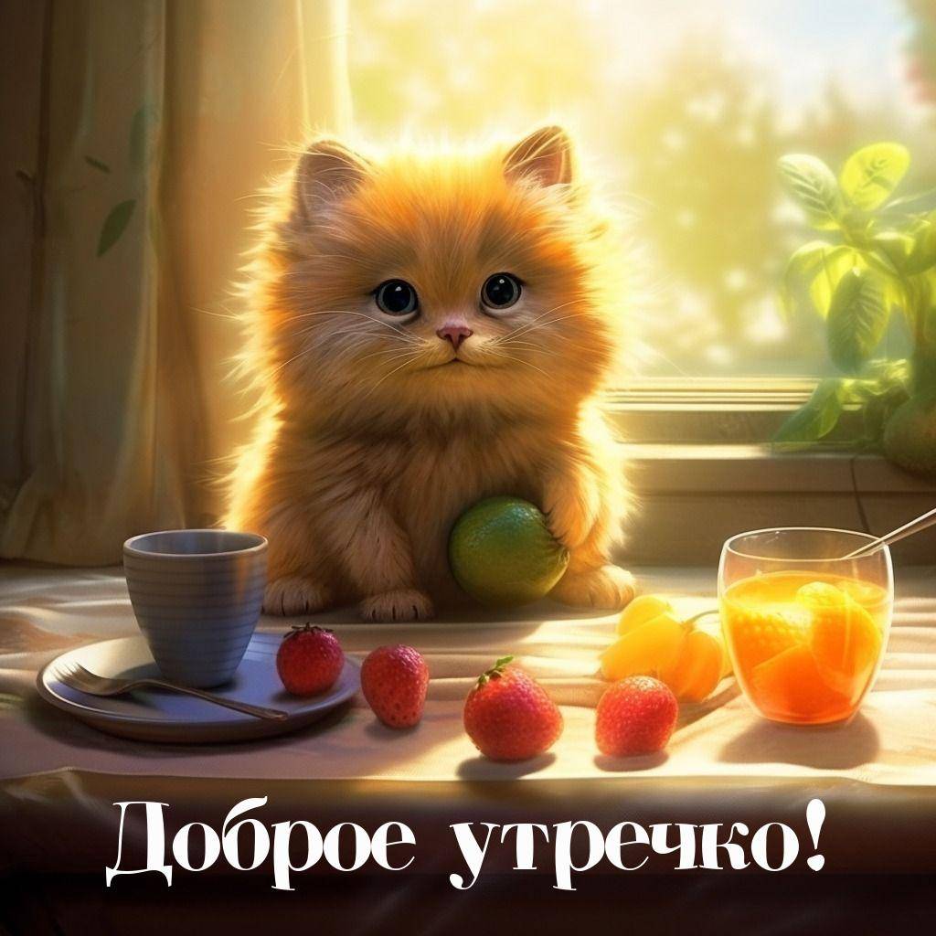 Утро, пушистый рыжий котёнок на подоконнике с мандарином