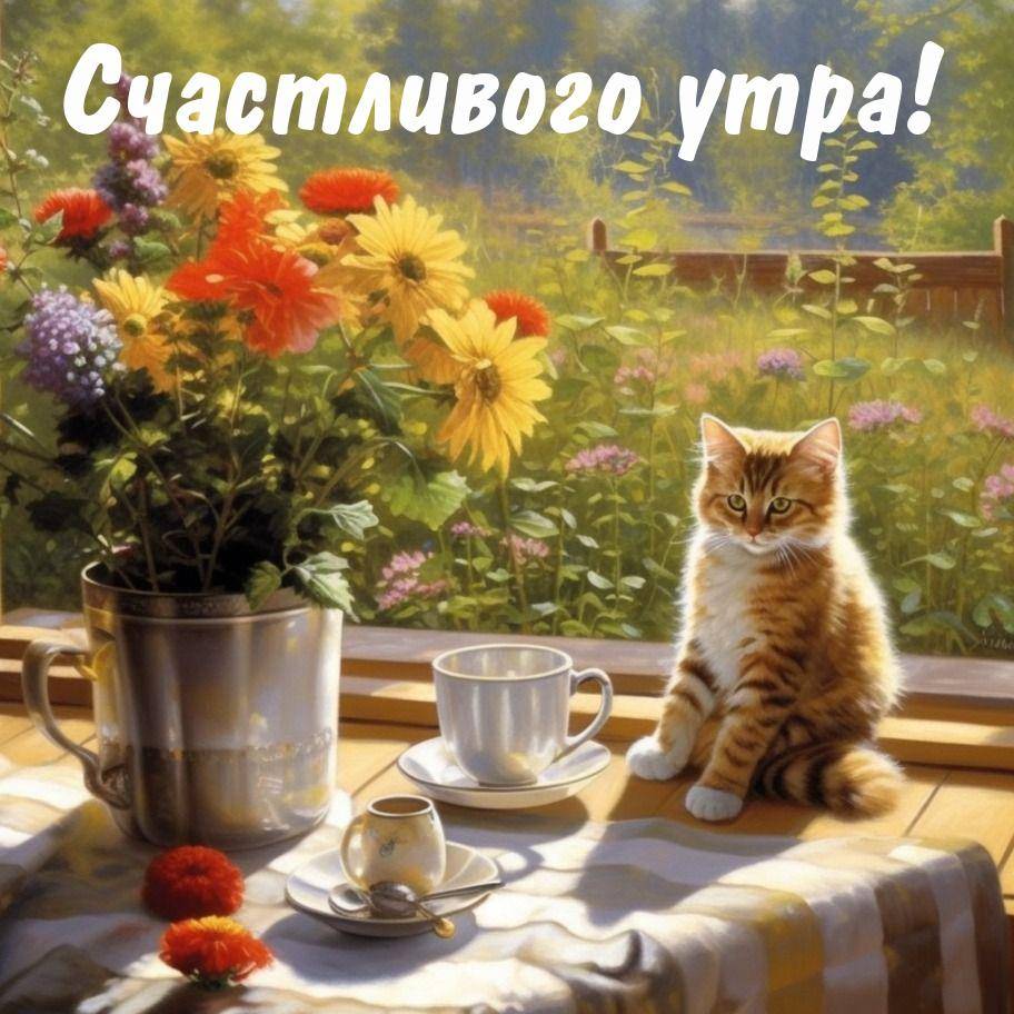 Утро, пушистый рыжий котёнок на столе с цветами
