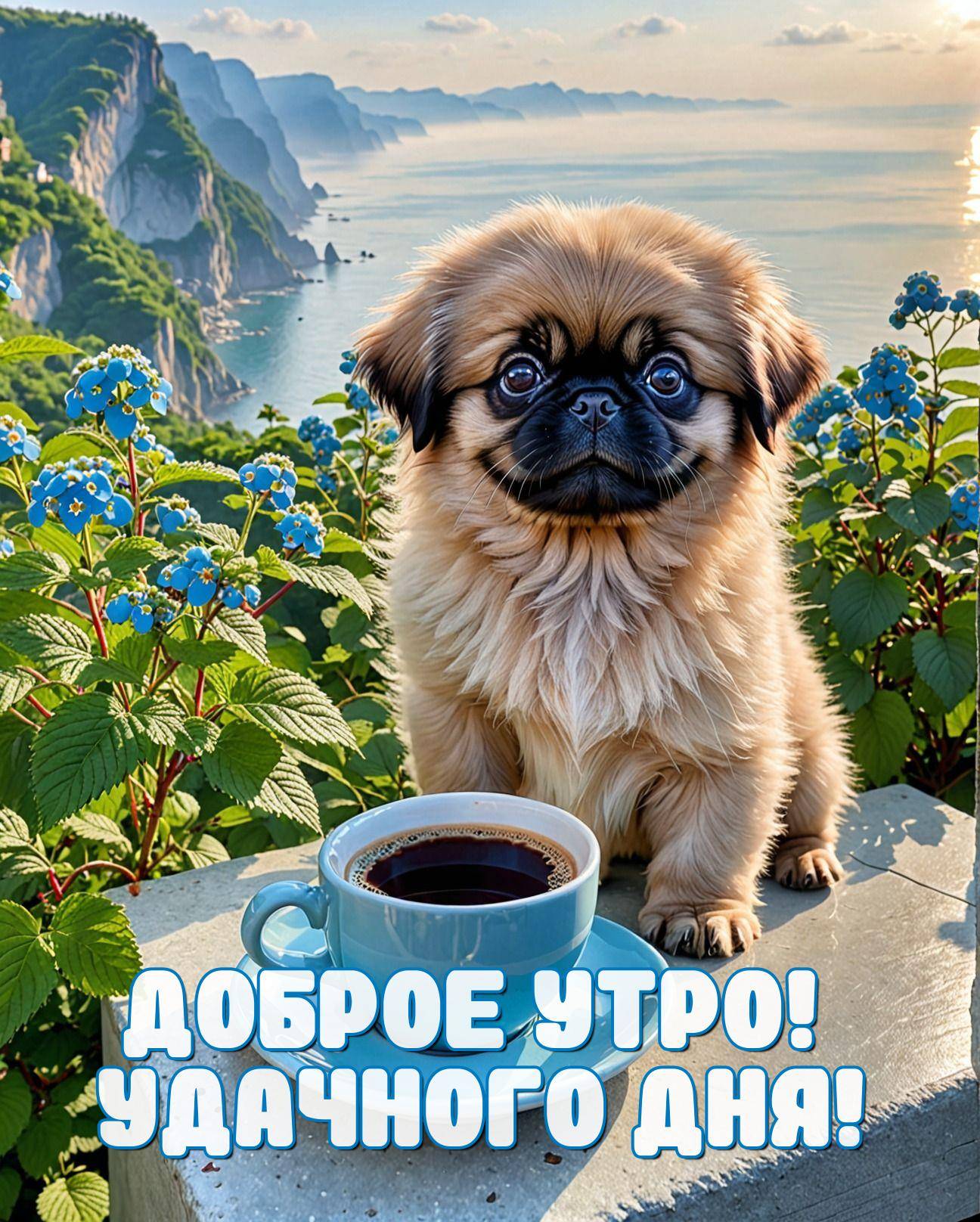 Утро, пушистый щенок на фоне моря и гор