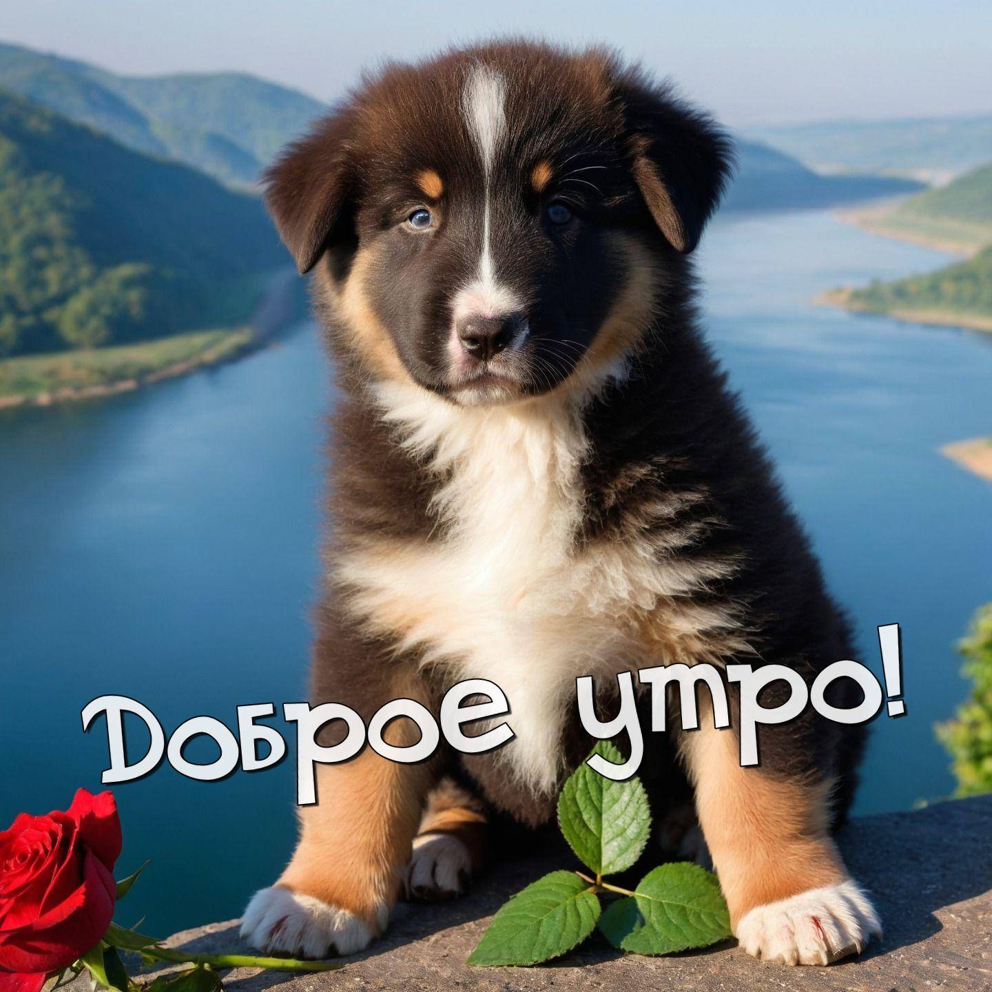 Утро, пушистый щенок с розой и пейзажем