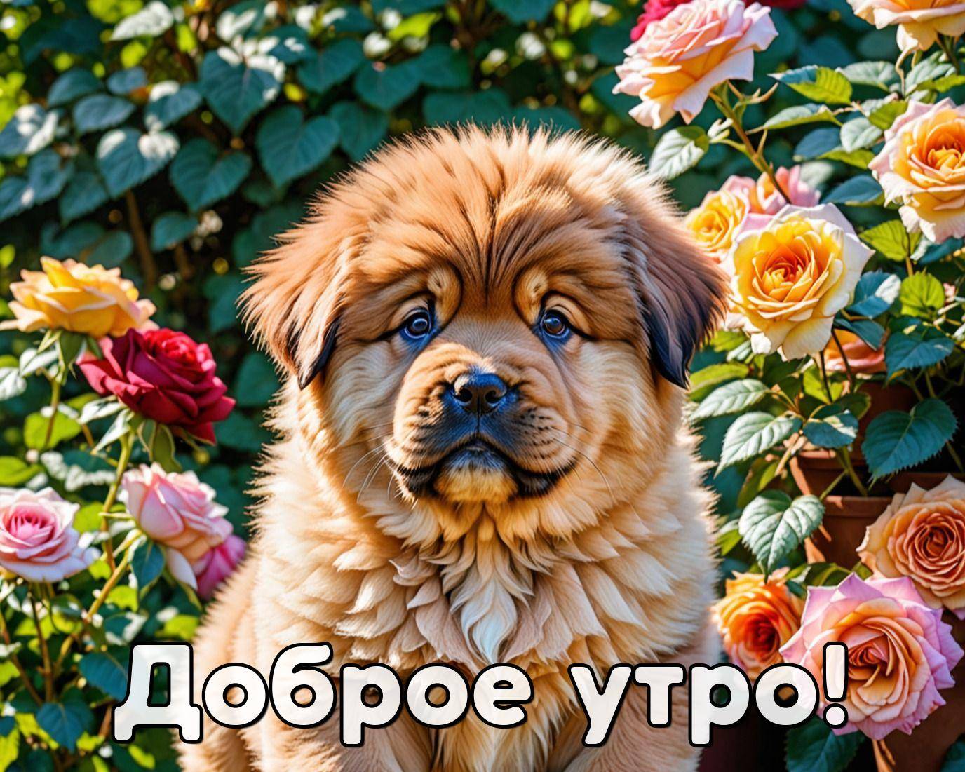 Утро, пушистый щенок среди розовых и оранжевых роз