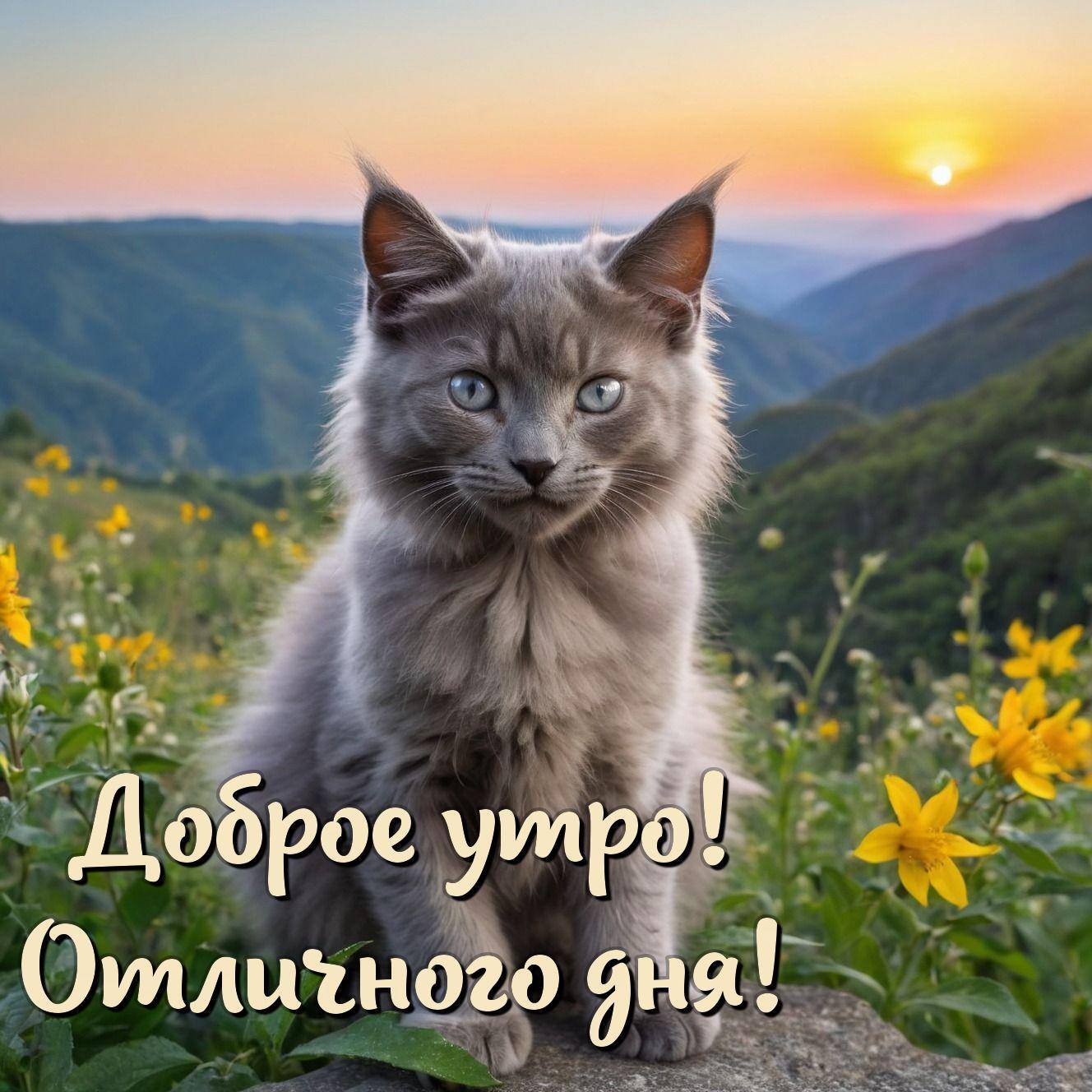 Утро, пушистый серый котенок с голубыми глазами на фоне пейзажа.