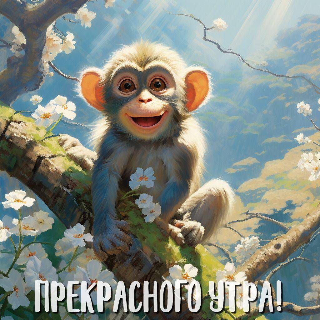 Утро, радостная обезьянка на цветущей ветке дерева
