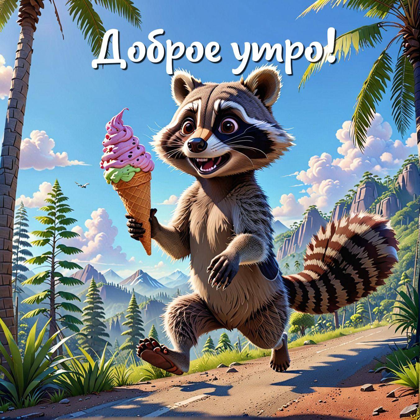 Утро, радостный енот с мороженым бежит по тропинке