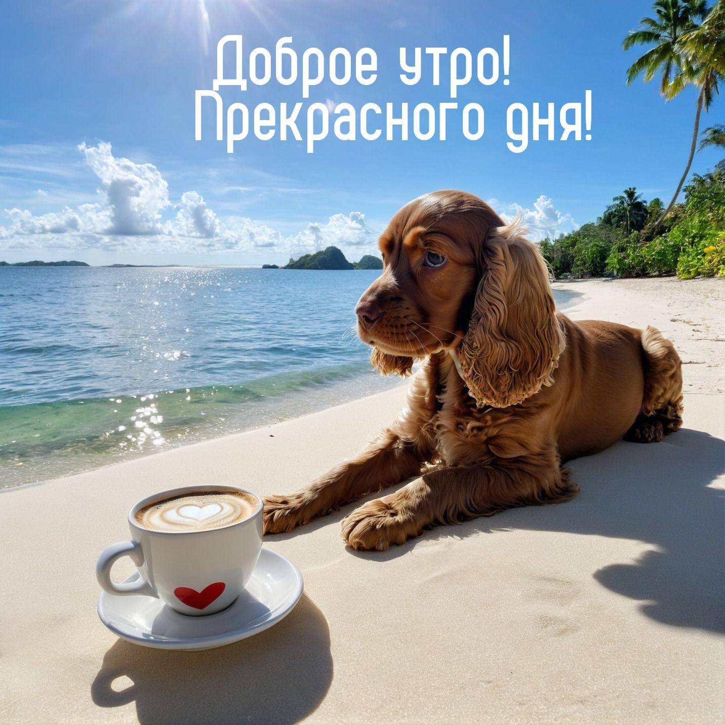 Утро, рыжий кокер-спаниель на пляже с чашкой кофе