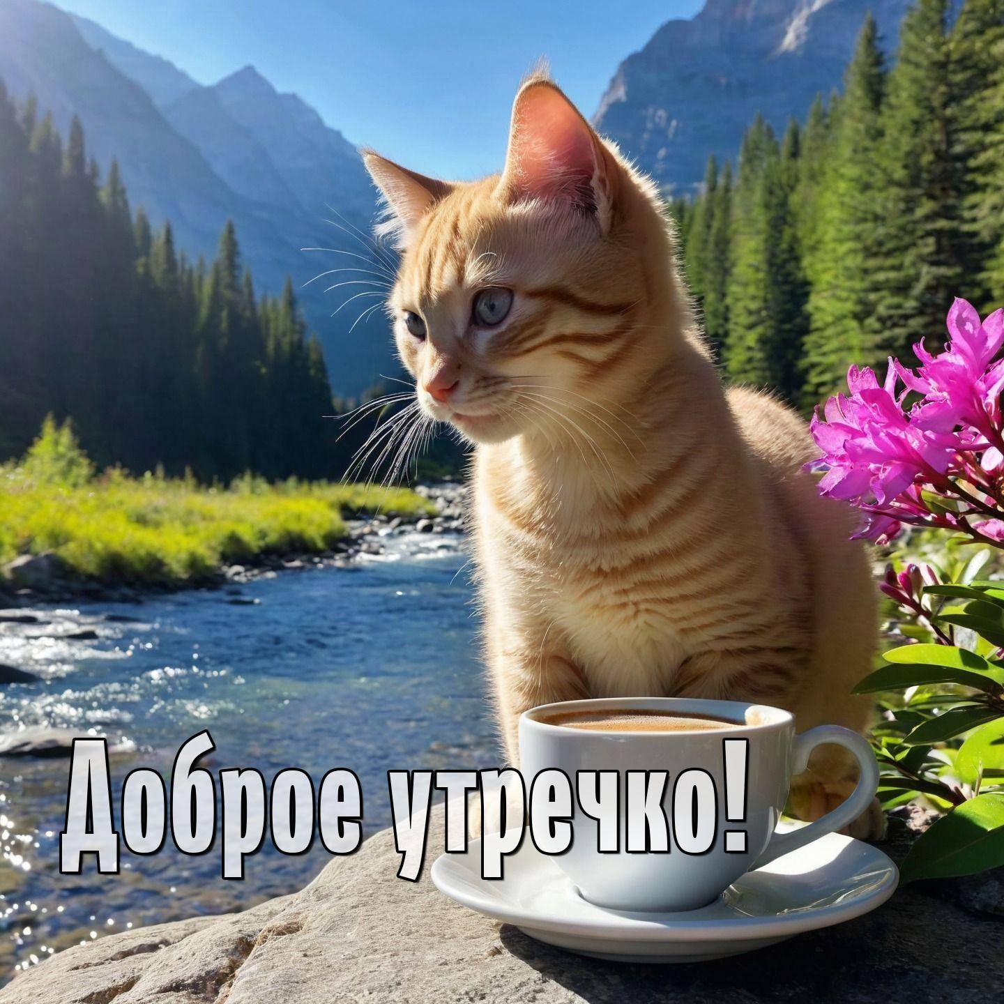 Утро, рыжий кот на камне с чашкой кофе и пейзажем