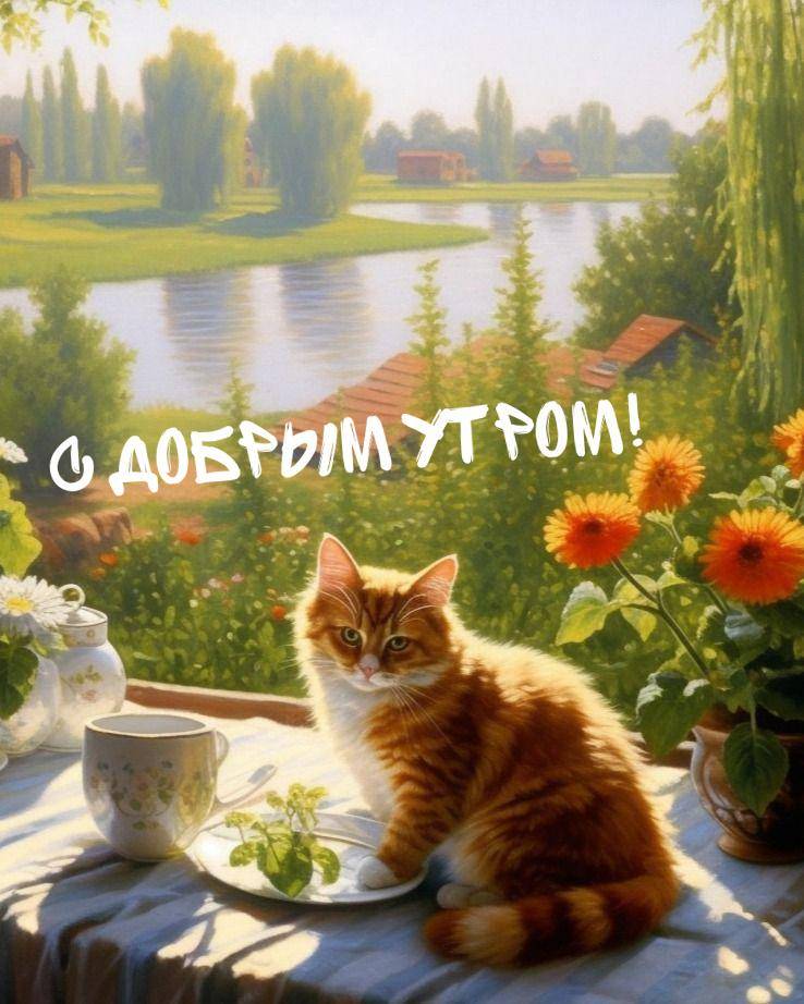 Утро, рыжий кот на столе с белой скатертью