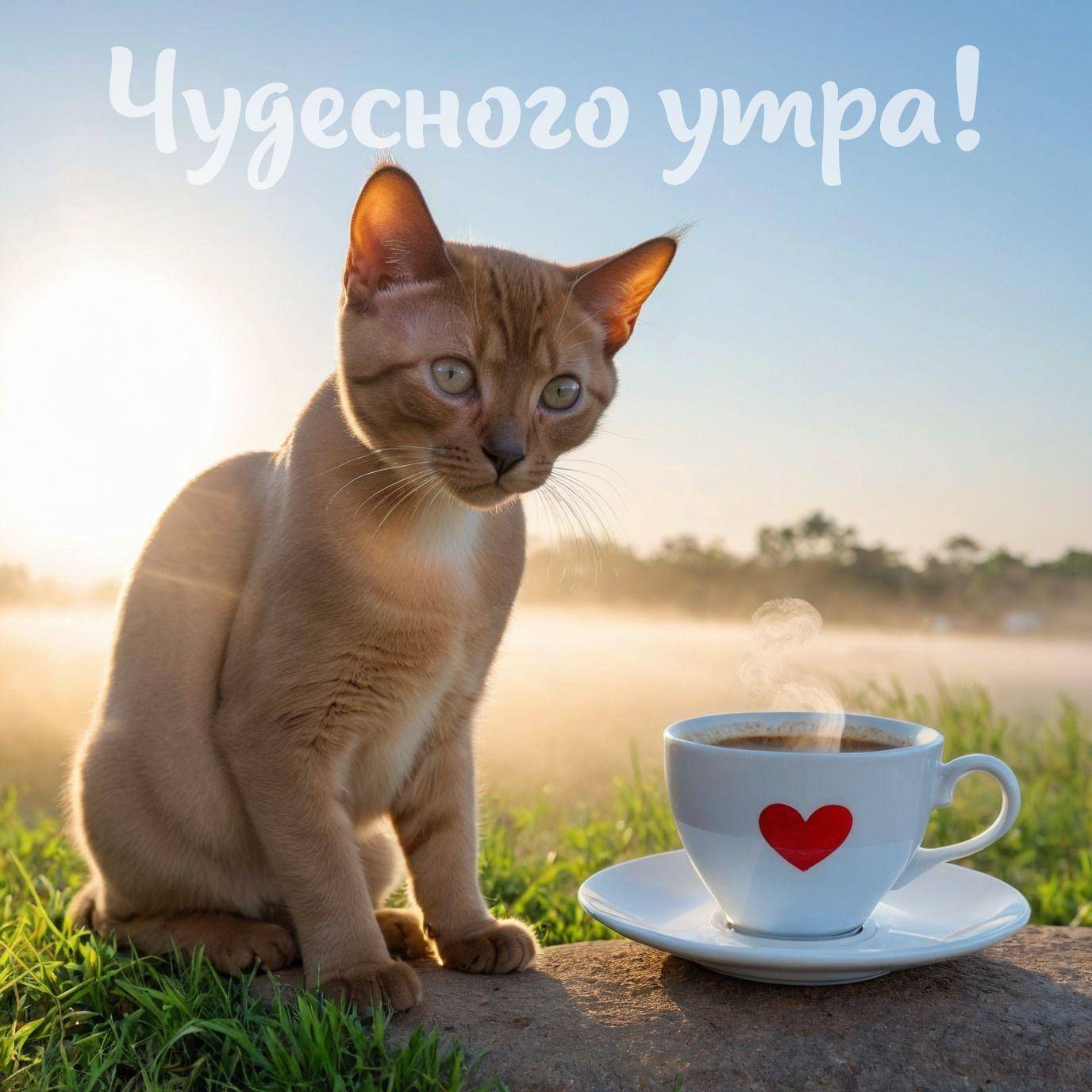Утро, рыжий кот на траве с чашкой