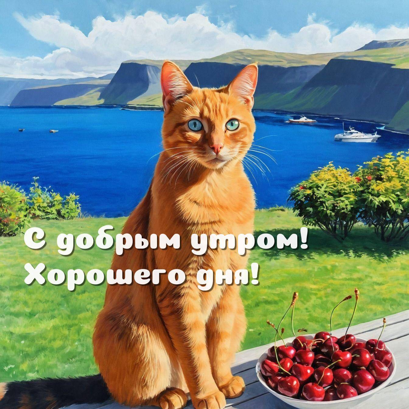Утро, рыжий кот с голубыми глазами на фоне природы