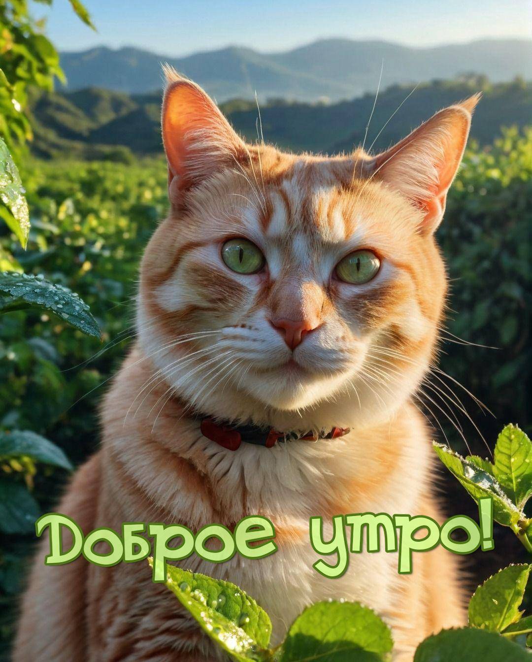 Утро, рыжий кот с зелеными глазами на фоне кустов и гор