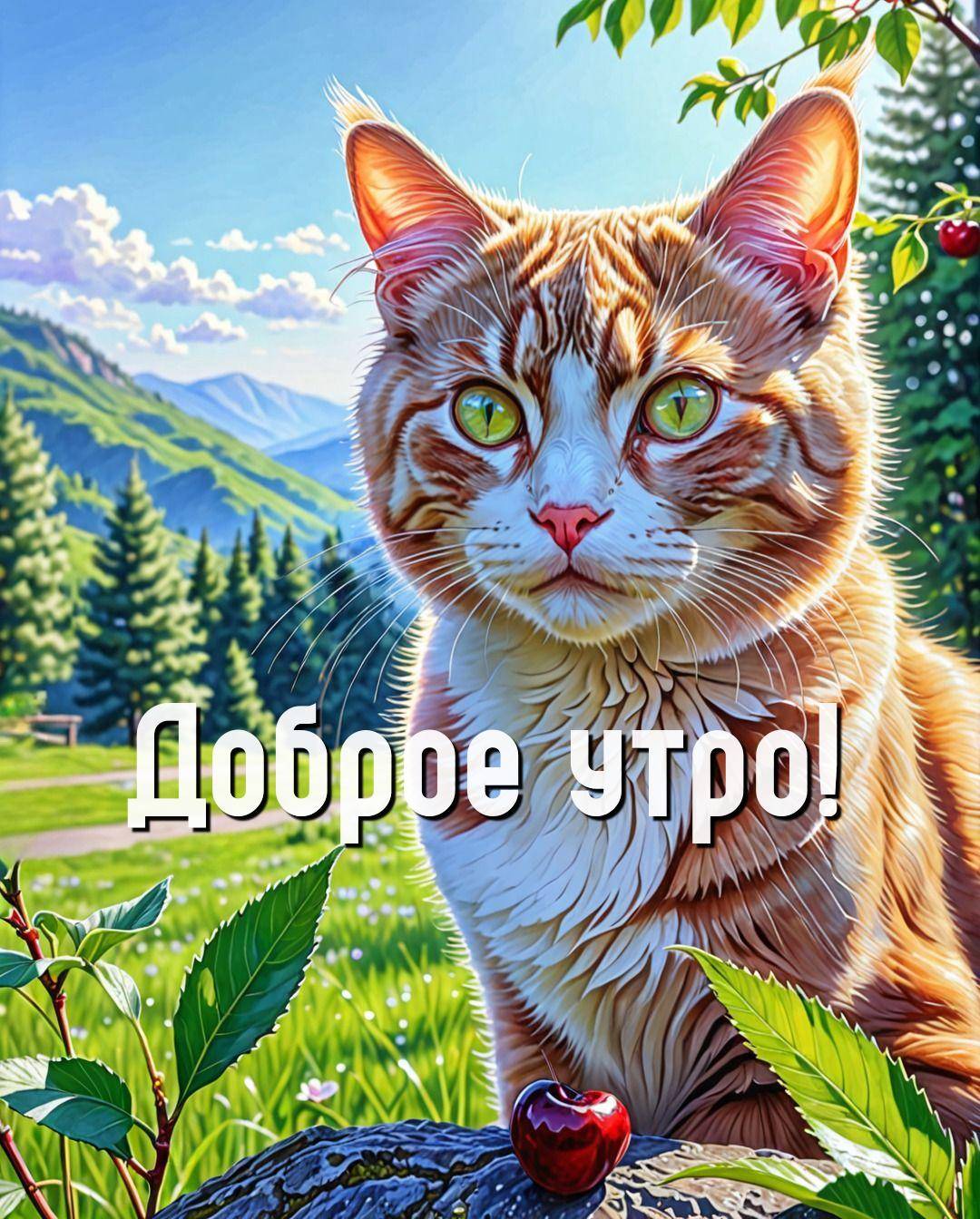 Утро, рыжий кот с зелеными глазами сидит на природе