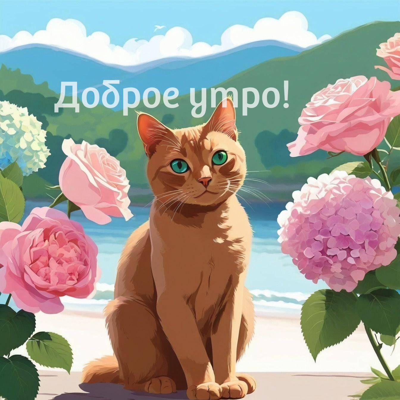 Утро, рыжий кот с зелёными глазами среди цветов