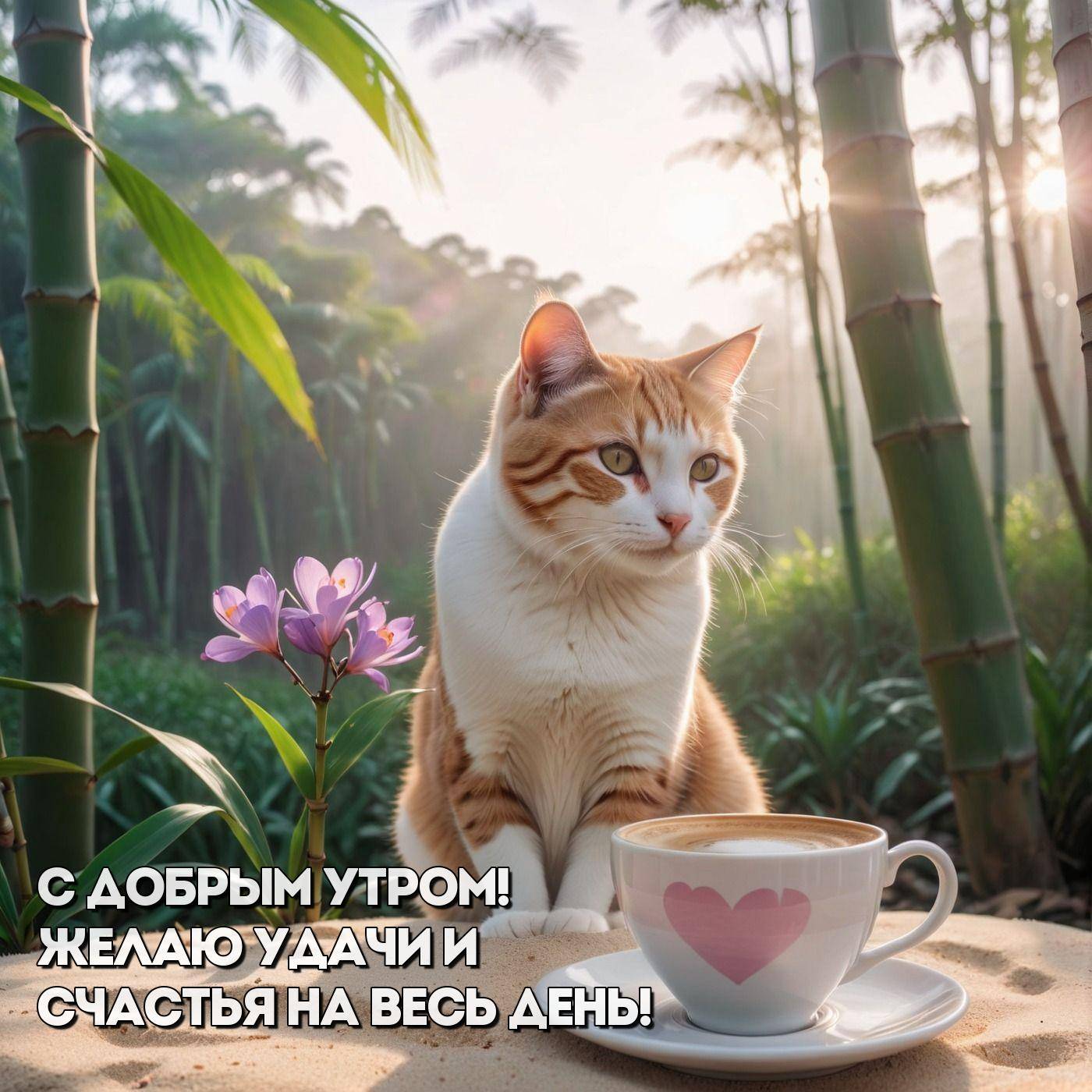 Утро, рыжий кот сидит на песке рядом с кофе