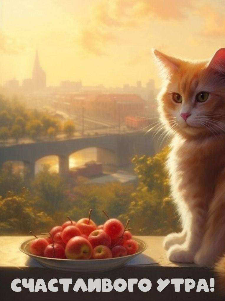 Утро, рыжий кот сидит на подоконнике, перед ним тарелка с яблоками