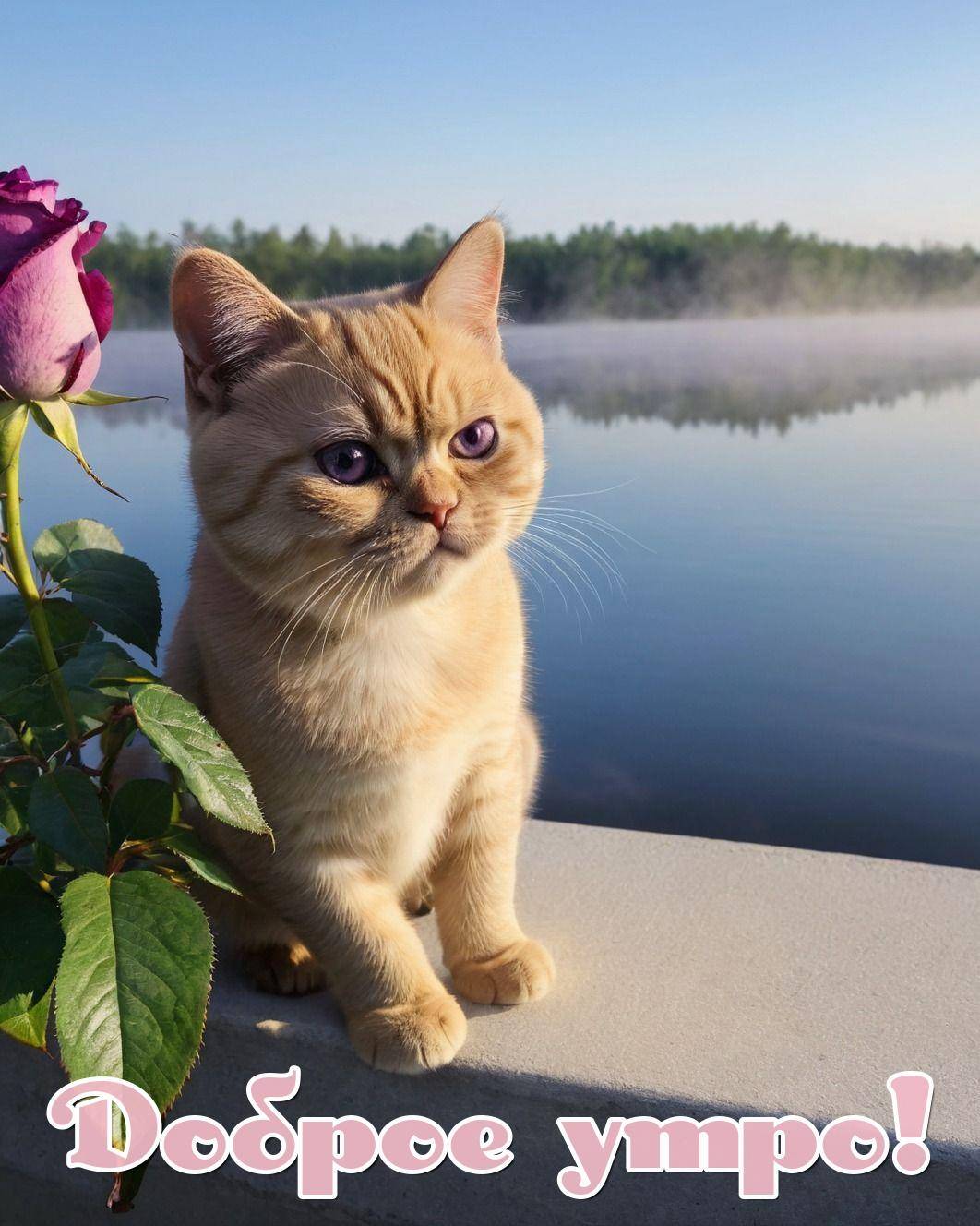 Утро, рыжий кот у водоема с цветком слева