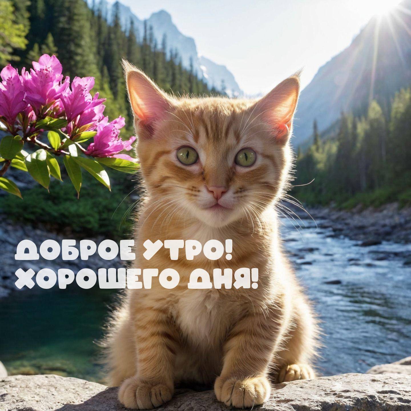 Утро, рыжий котёнок на камне, горный пейзаж