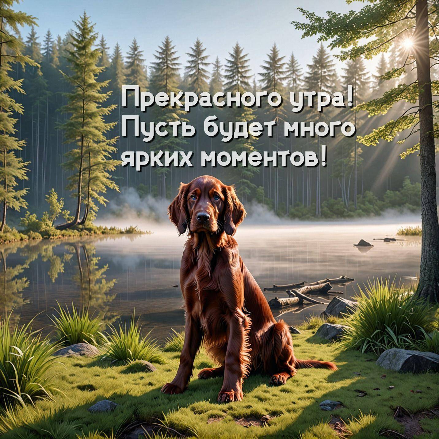 Утро, рыжий сеттер у озера, туманный лес на фоне