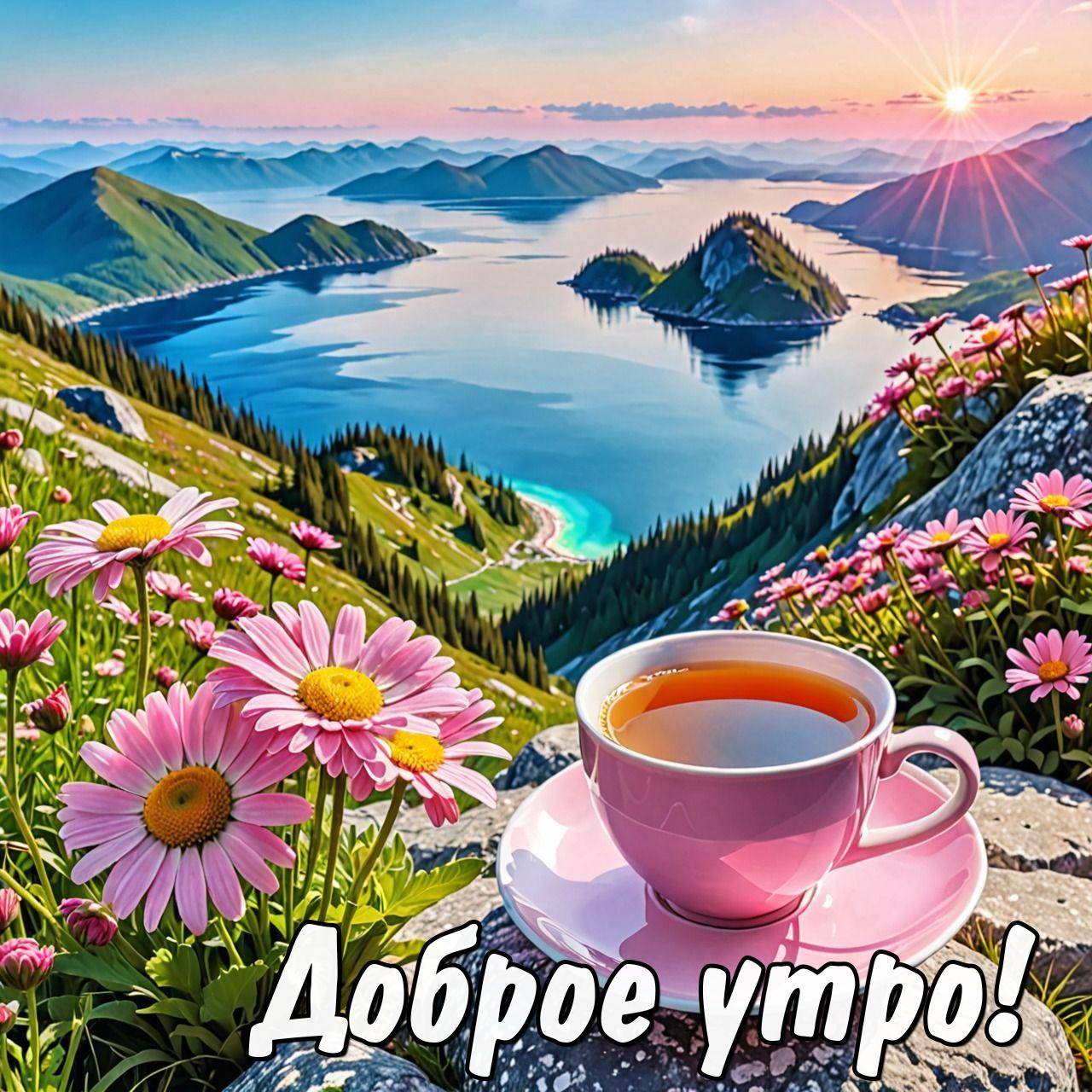 Утро, розовая чашка чая, маргаритки и горы