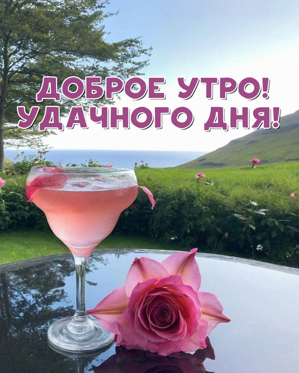 Утро, розовый коктейль в бокале на стеклянном столе