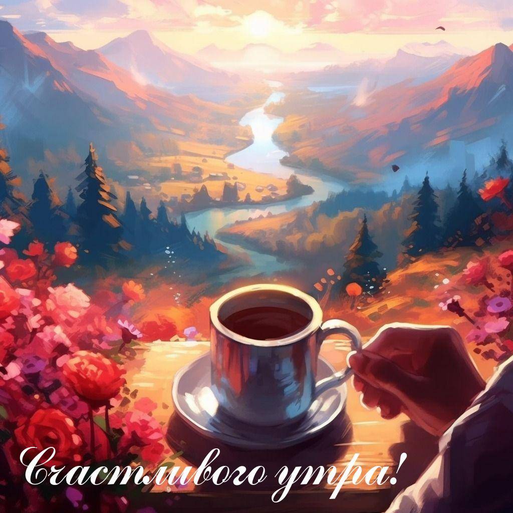 Утро, рука с чашкой напитка на фоне долины и реки