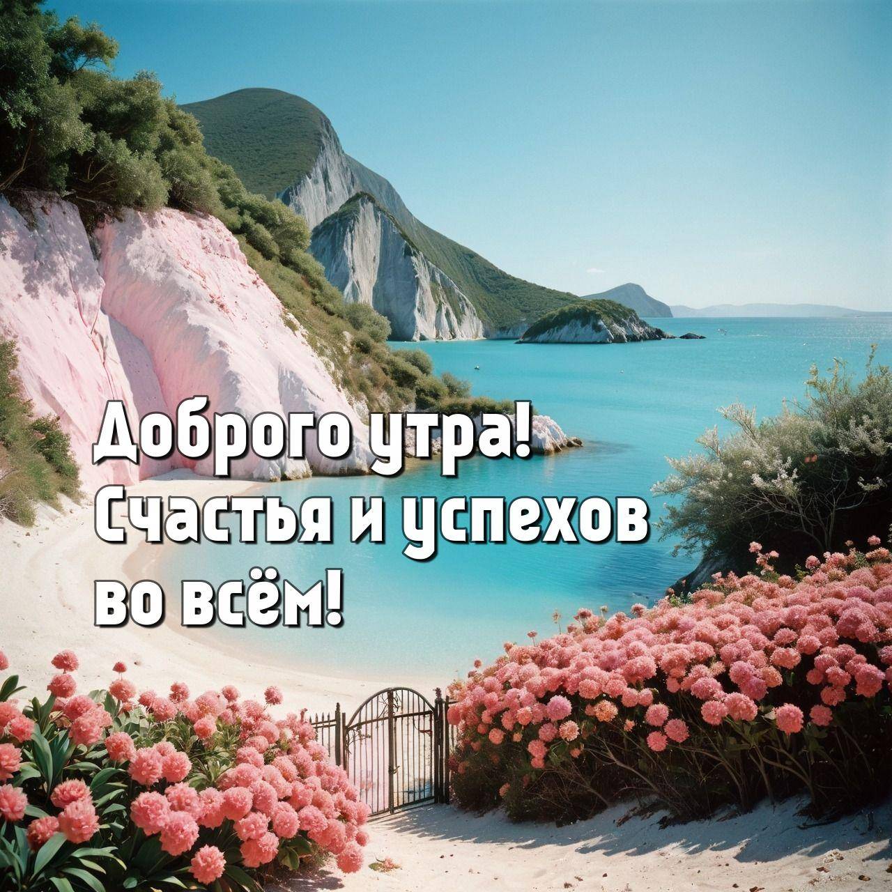 Утро, сад с розовыми цветами у моря