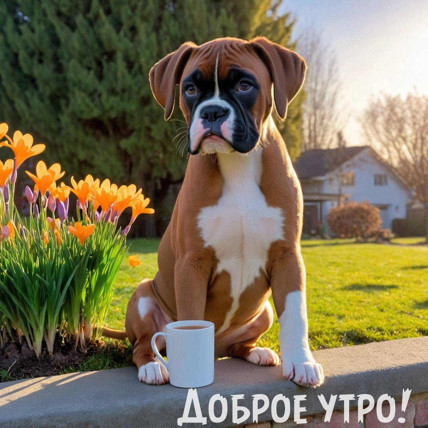Утро, щенок боксёра с коричневой и белой шерстью рядом с кружкой
