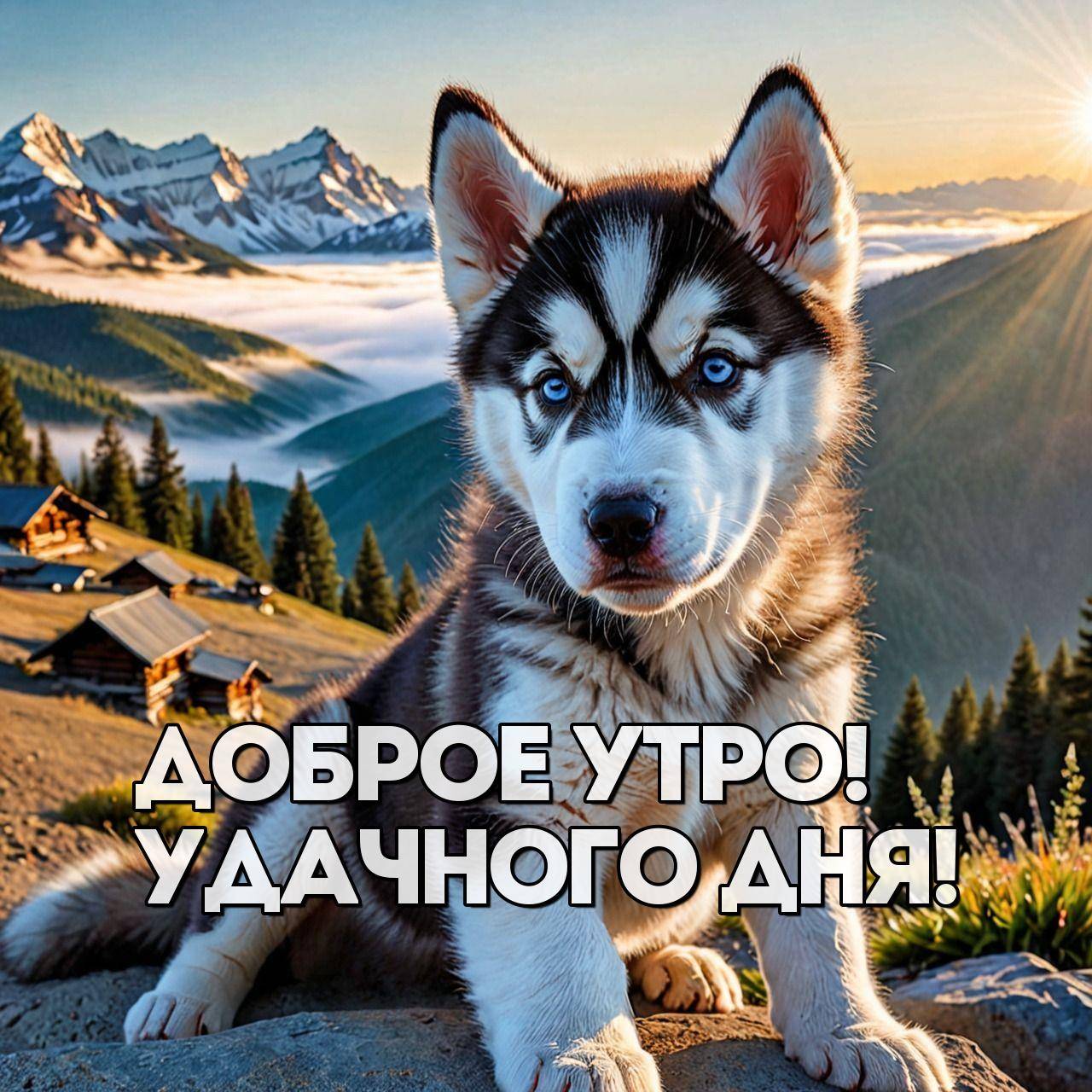 Утро, щенок хаски с голубыми глазами на фоне гор