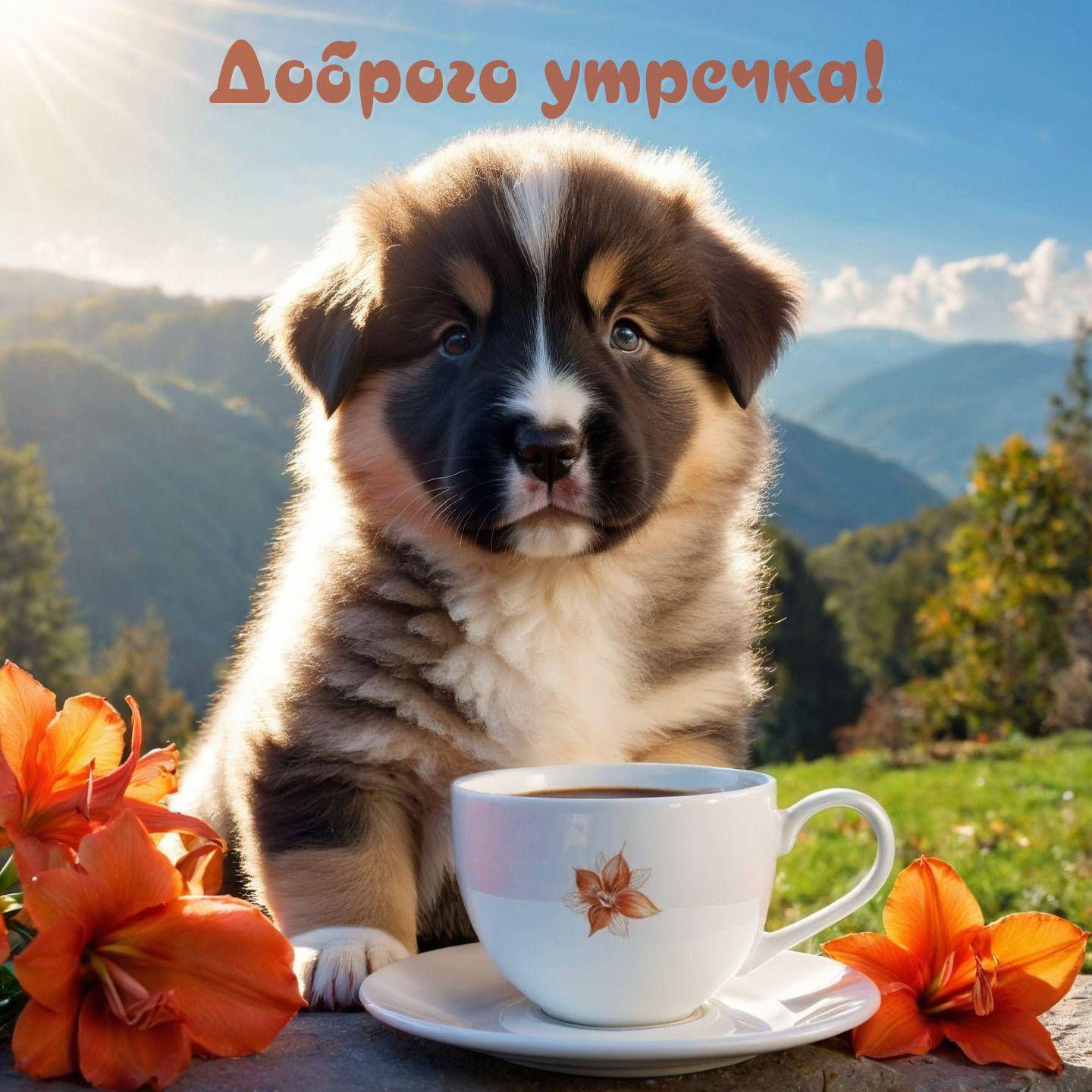 Утро, щенок на фоне горного пейзажа