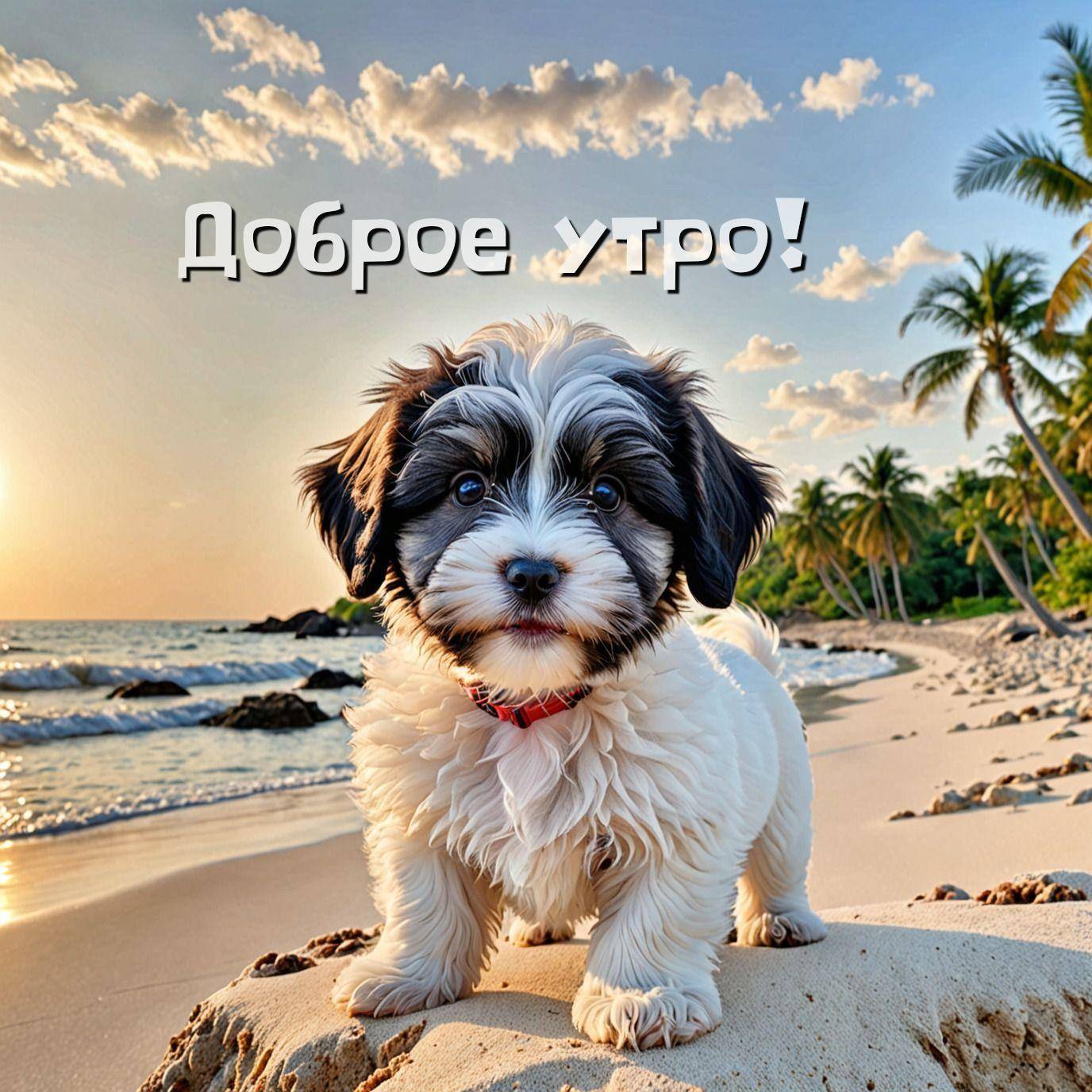 Утро, щенок на пляже с пальмами и морем