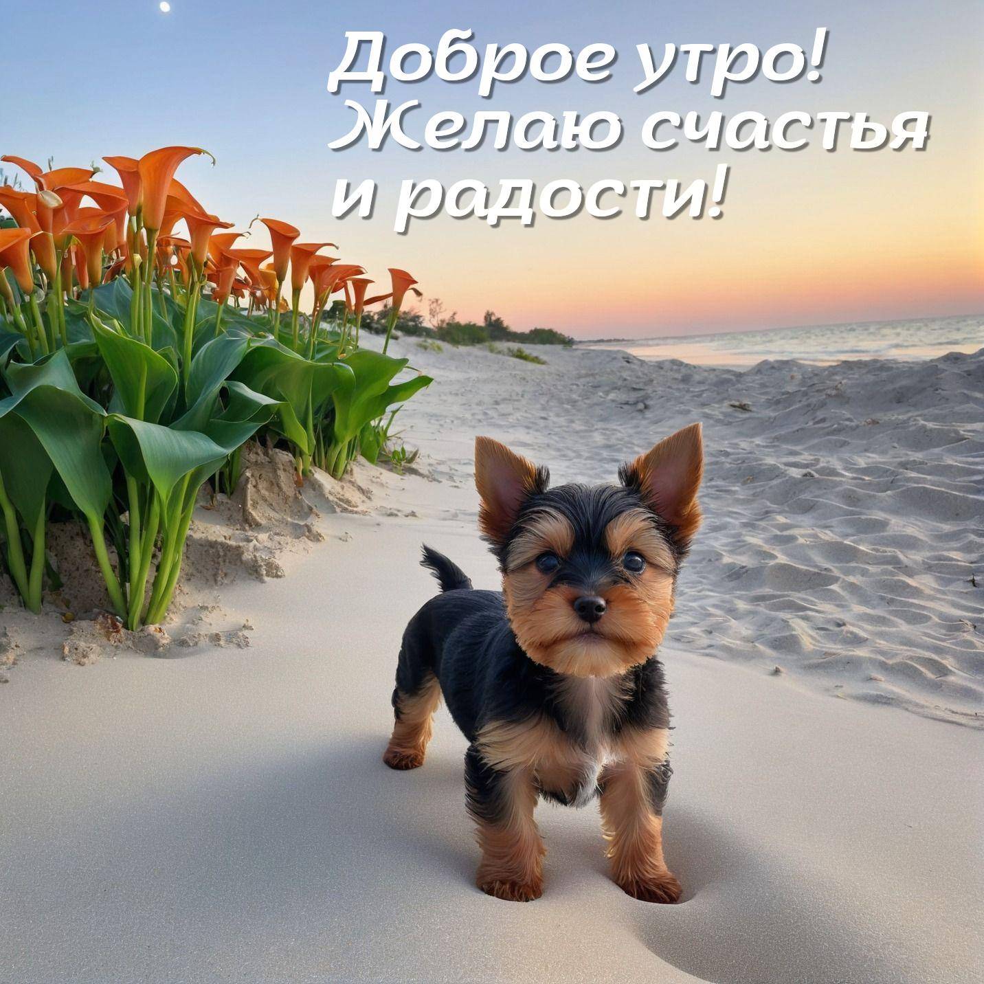 Утро, щенок на пляже, закат, море, цветы