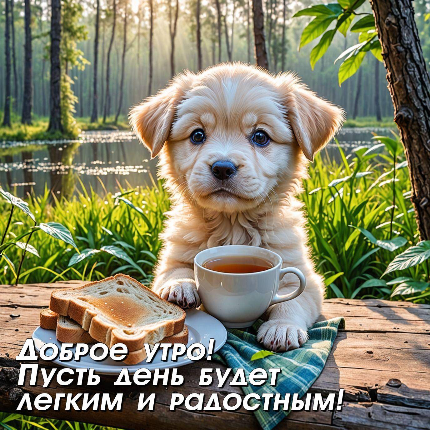 Утро, щенок на скамье с чаем и тостами