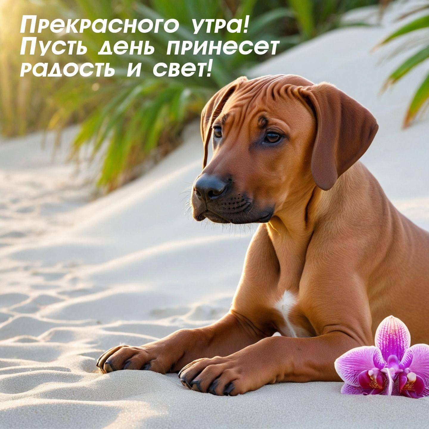 Утро, щенок рыжего цвета с орхидеей на песке