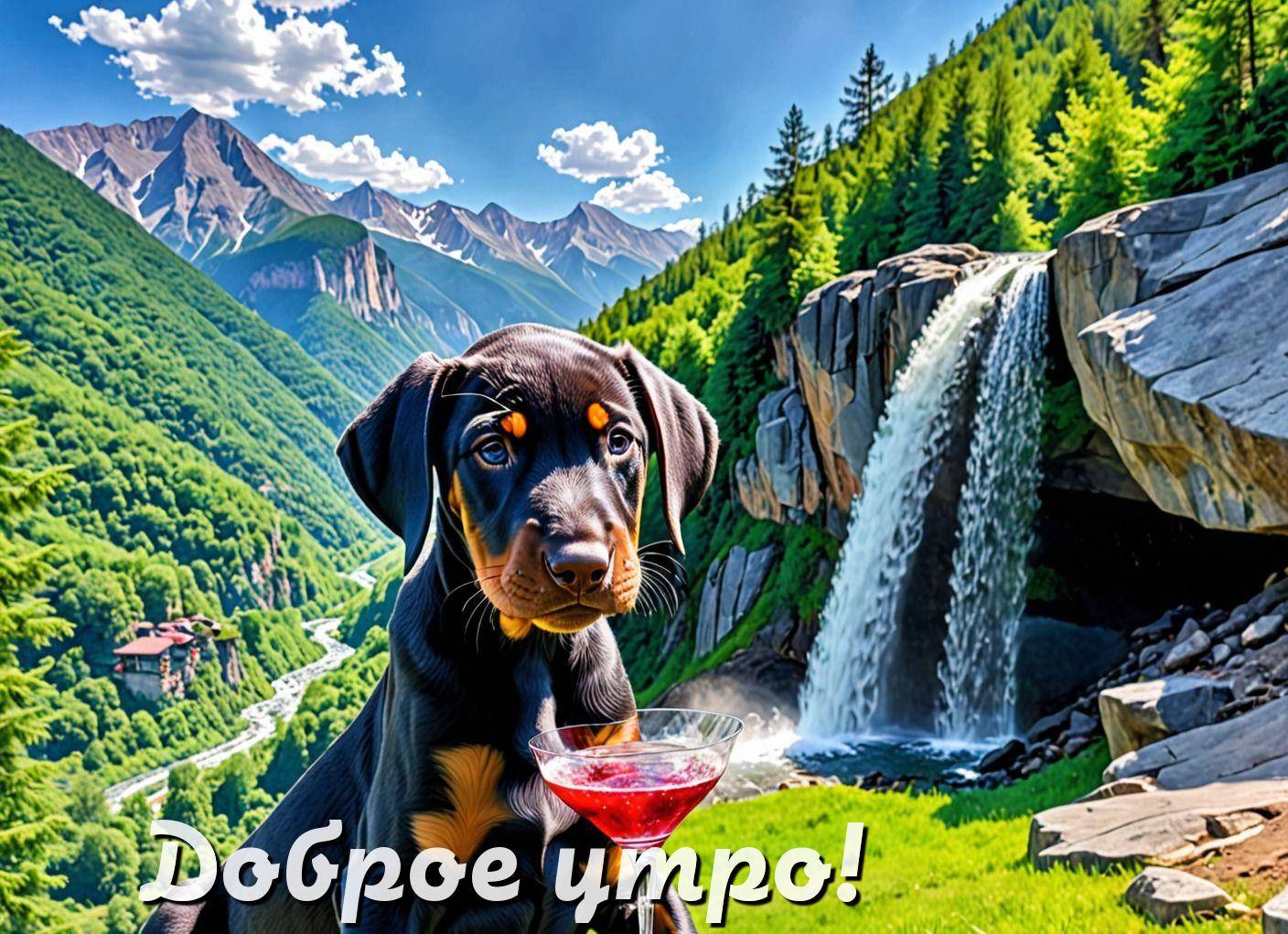 Утро, щенок с бокалом на фоне горного пейзажа