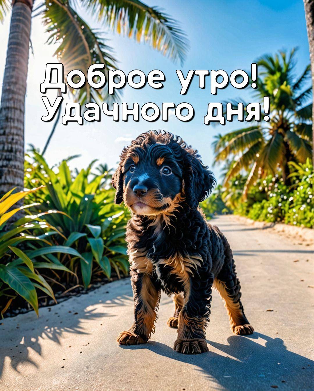 Утро, щенок с курчавой шерстью на тропинке под солнцем