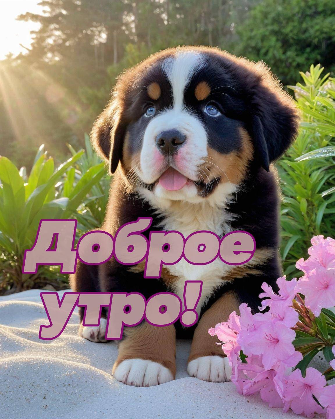 Утро, щенок с пушистой шерстью, сидящий на песке