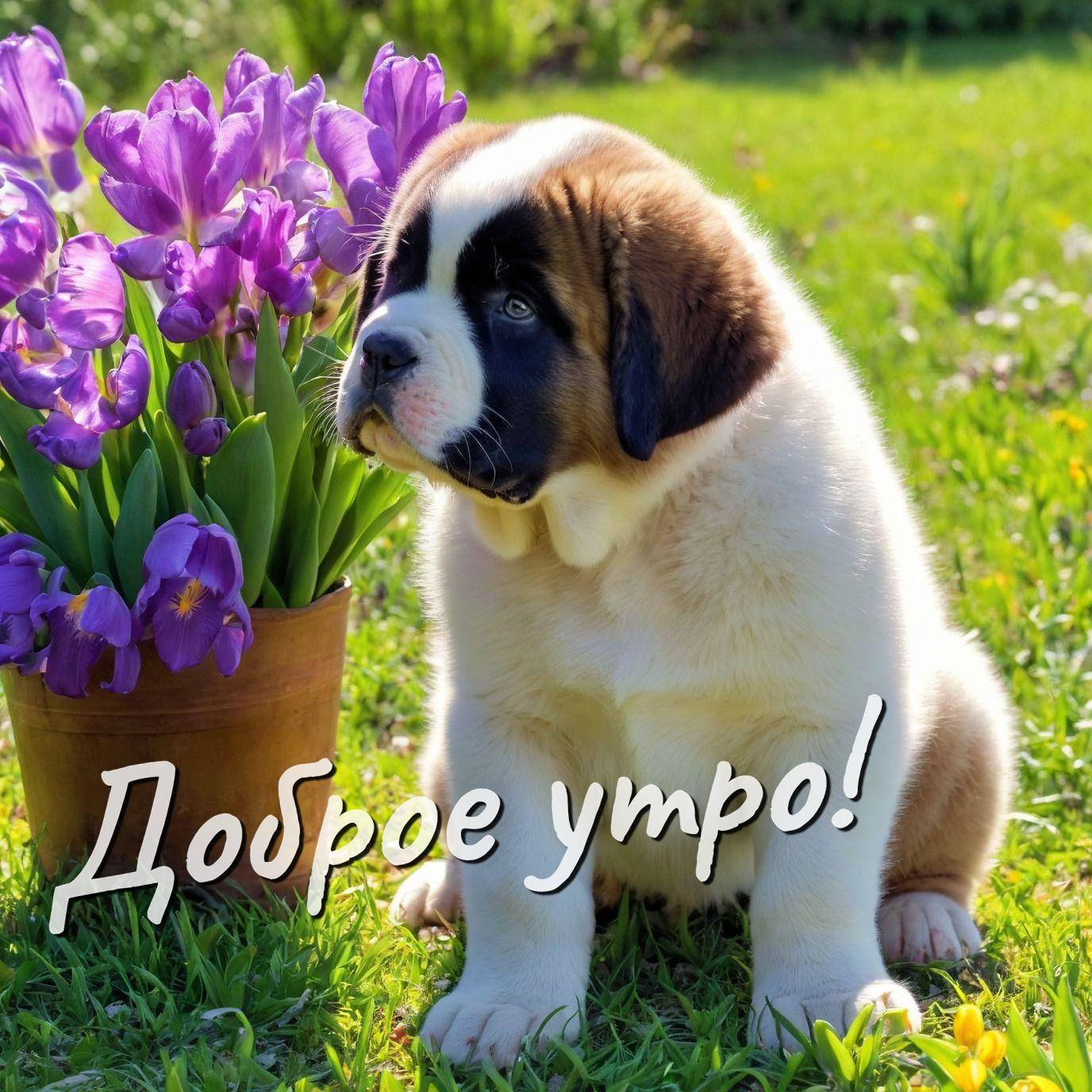 Утро, щенок сенбернара с горшком ирисов