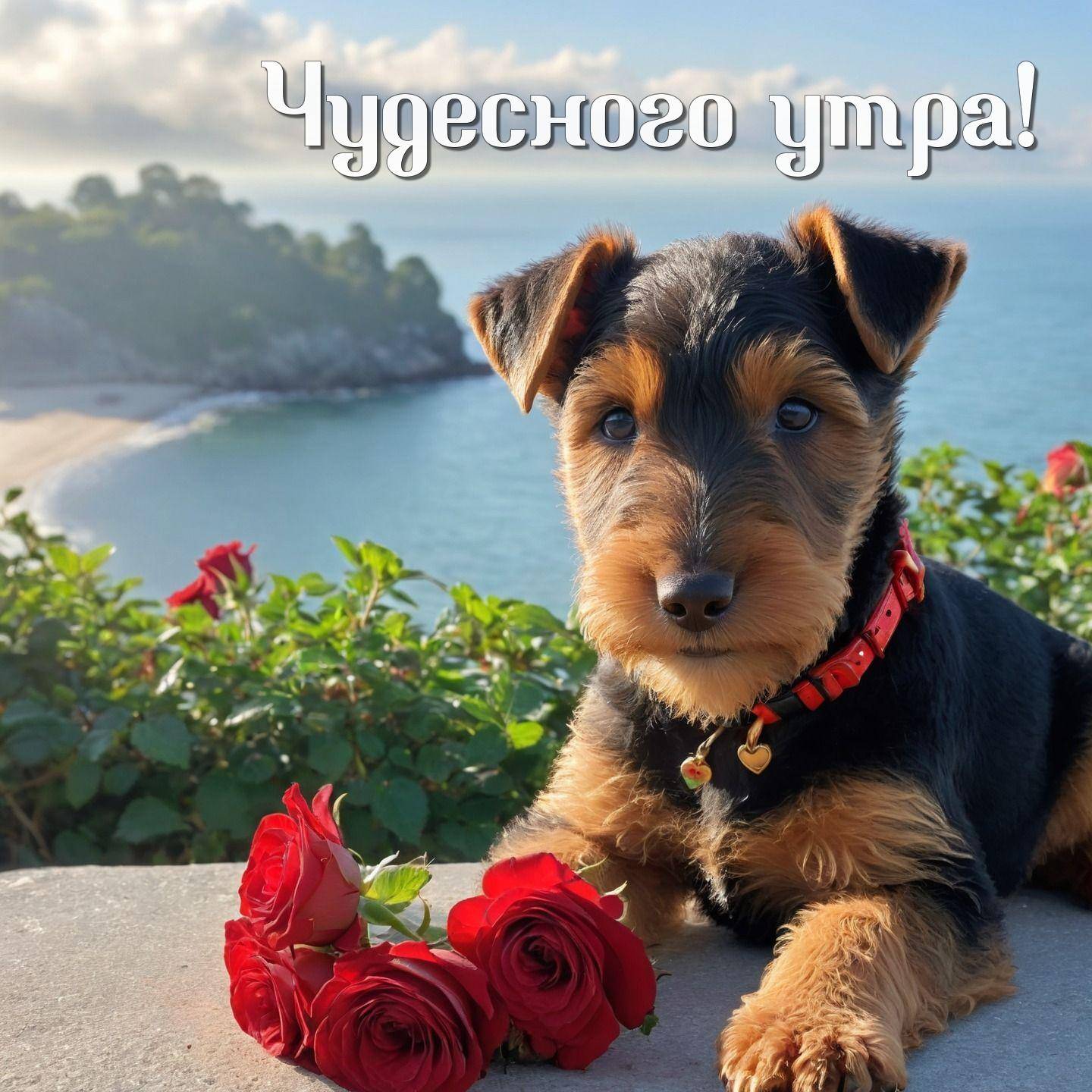 Утро, щенок в ошейнике на фоне моря и берега