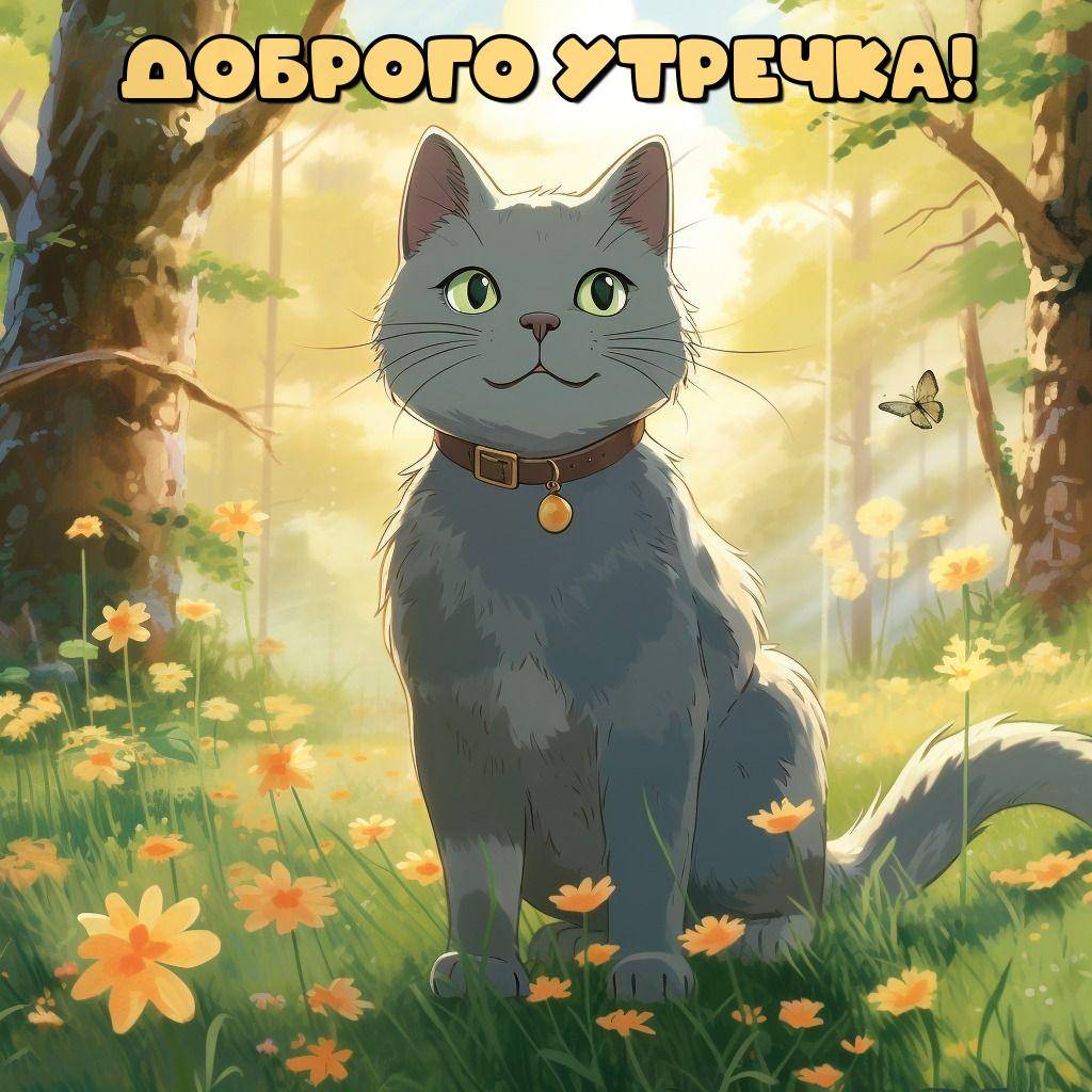 Утро, серый кот с зелеными глазами в лесу с бабочкой