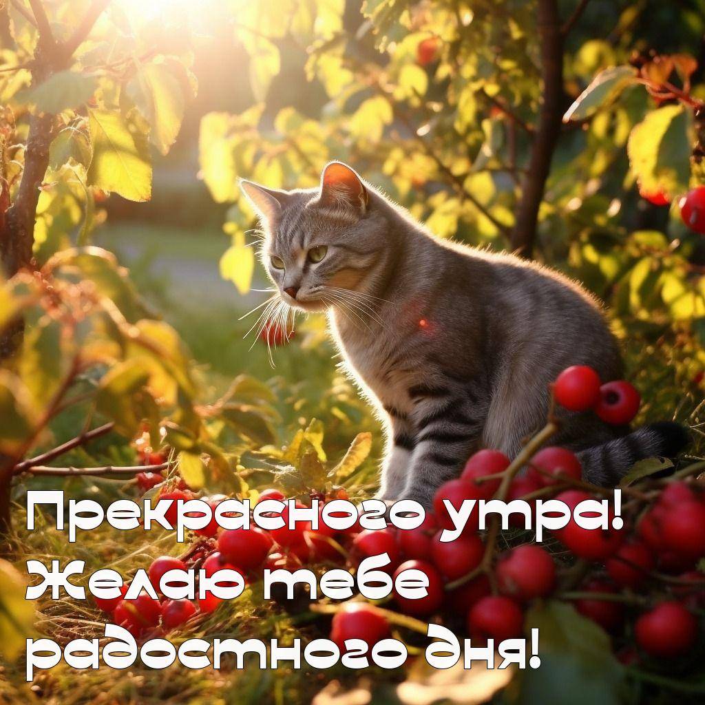 Утро, серый кот среди кустов с красными ягодами