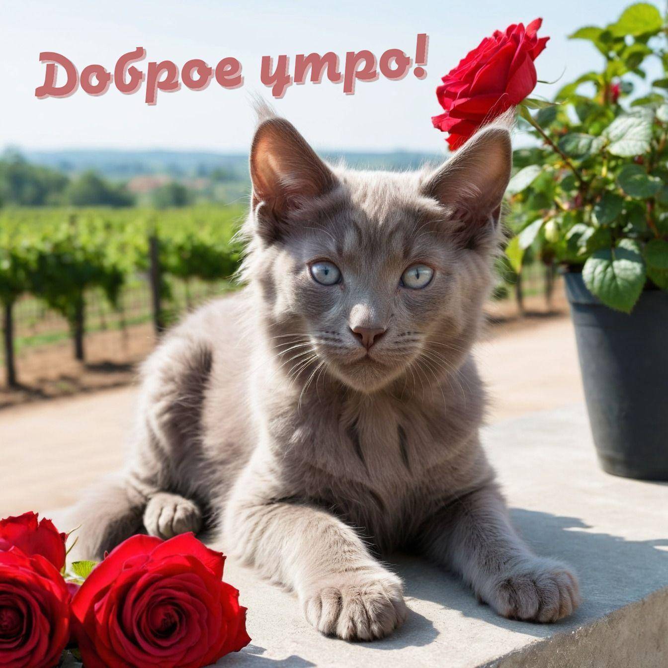Утро, серый котёнок и розы