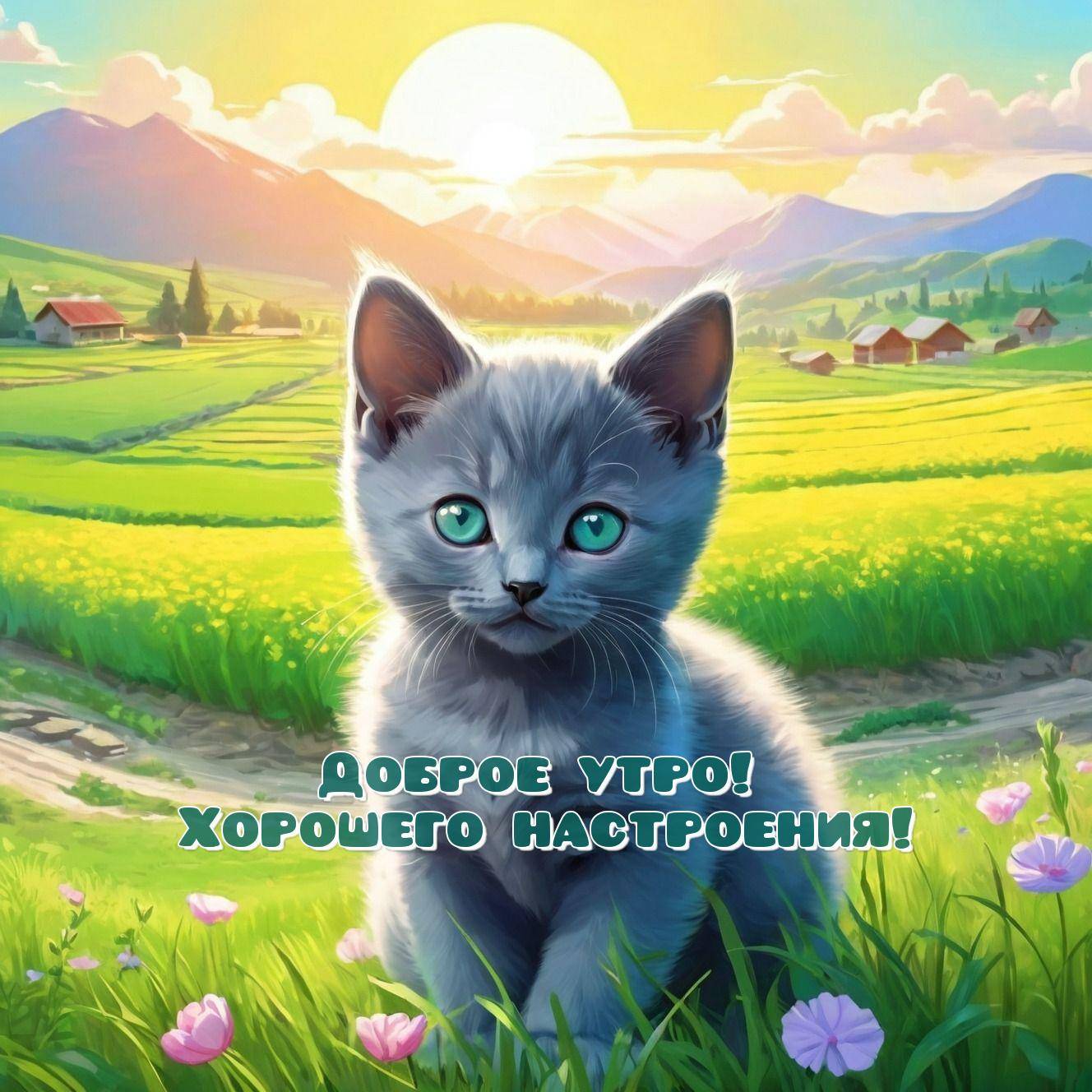 Утро, серый котёнок с зелёными глазами на лугу