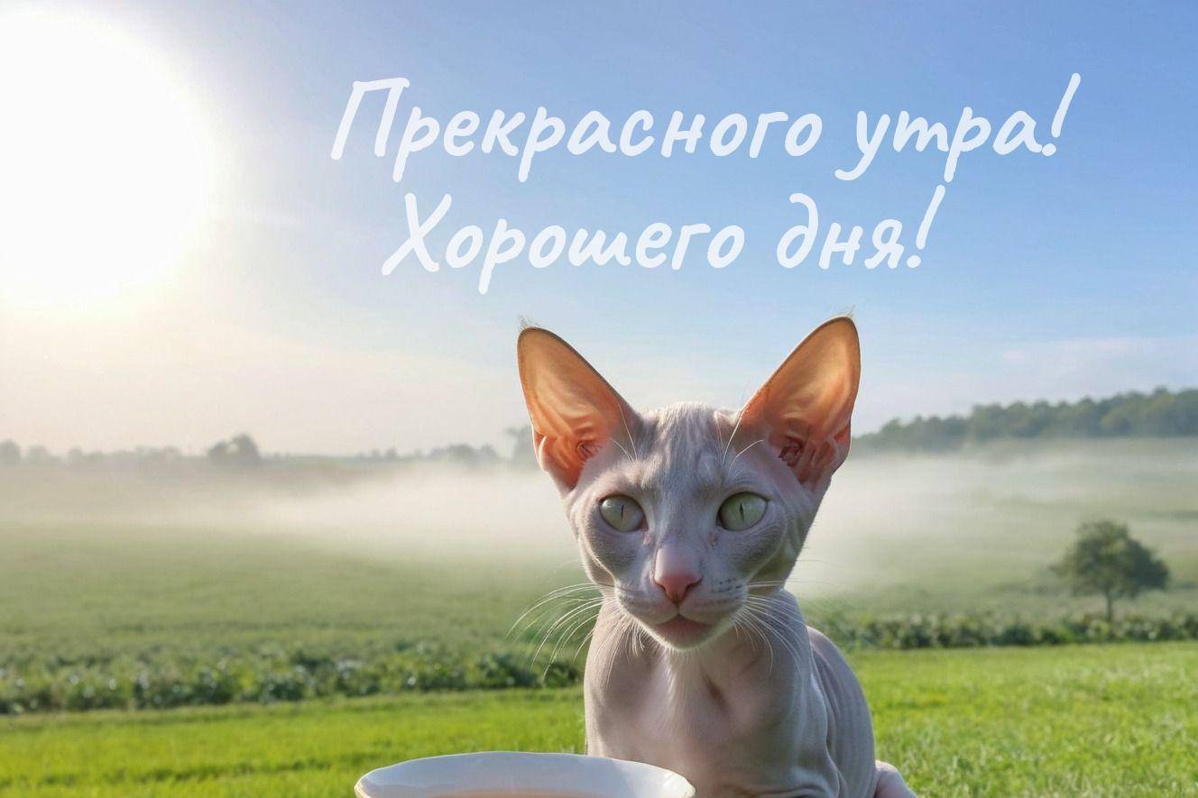 Утро, сфинкс на траве с миской на фоне тумана и солнца